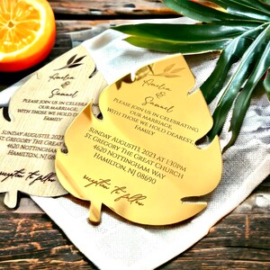 Invitation feuille tropicale, invitation feuille Monstera, cadeau personnalisé, carte-cadeau de mariage, invitation tropique, invitations feuille acrylique, carte rustique
