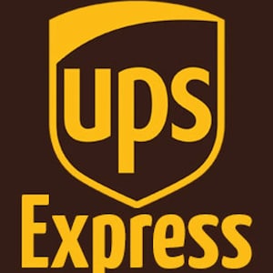 May include: A brown and gold logo with the word "ups" in all caps and the word "Express" below it.