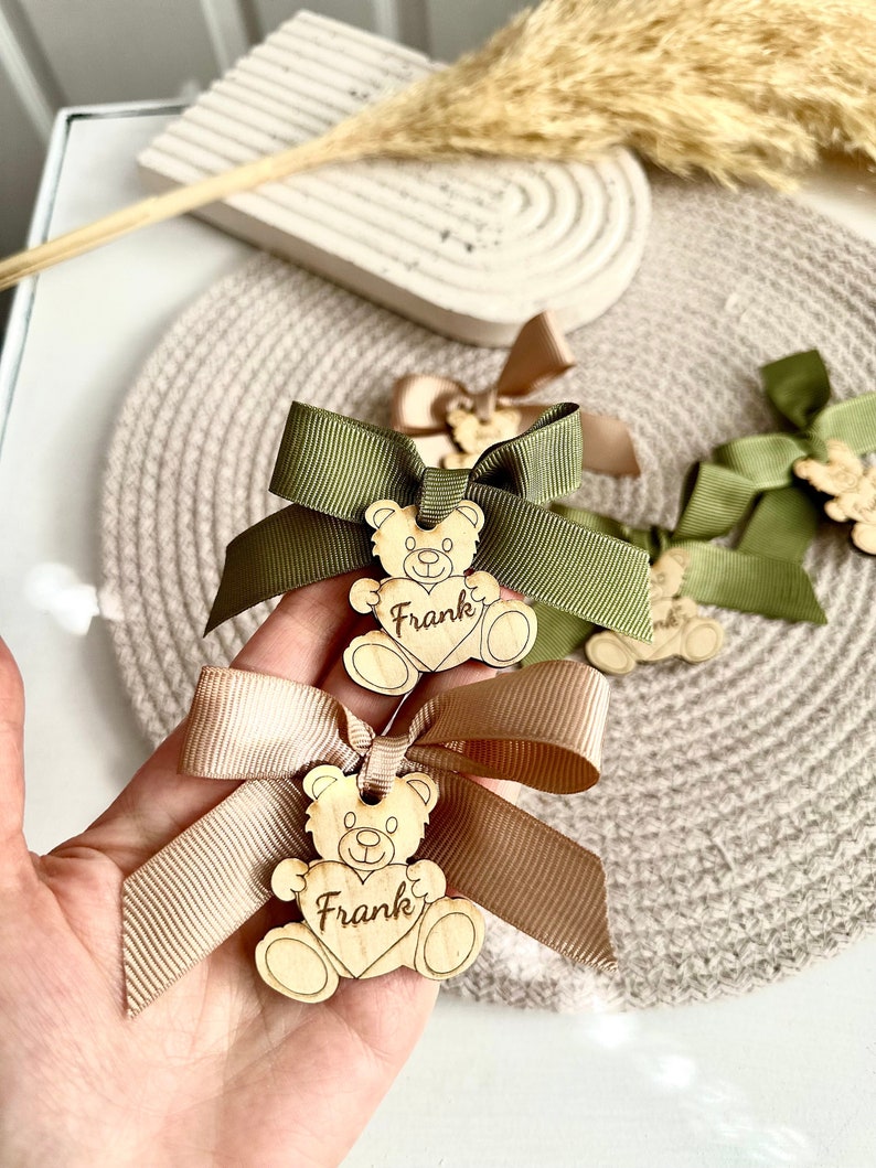 Brown Teddy Bear, Wooden Tag, Boho Bear, Baby Shower Tag, We can Bearly Wait, Thank You Beary Much, Teddy Bear Birthday, Bear with Heart image 2