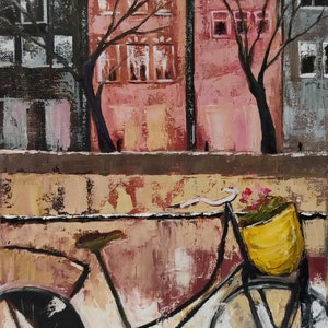 Amsterdam. Original oil Painting on canvas 10&quot;x20 Belgium, Europe wall decor, Amsterdam gift 3s art palette knife painting