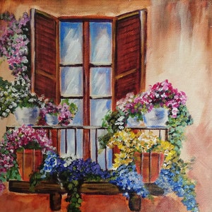 Flowers on the Balcony 9x12 Original Acrylic Painting