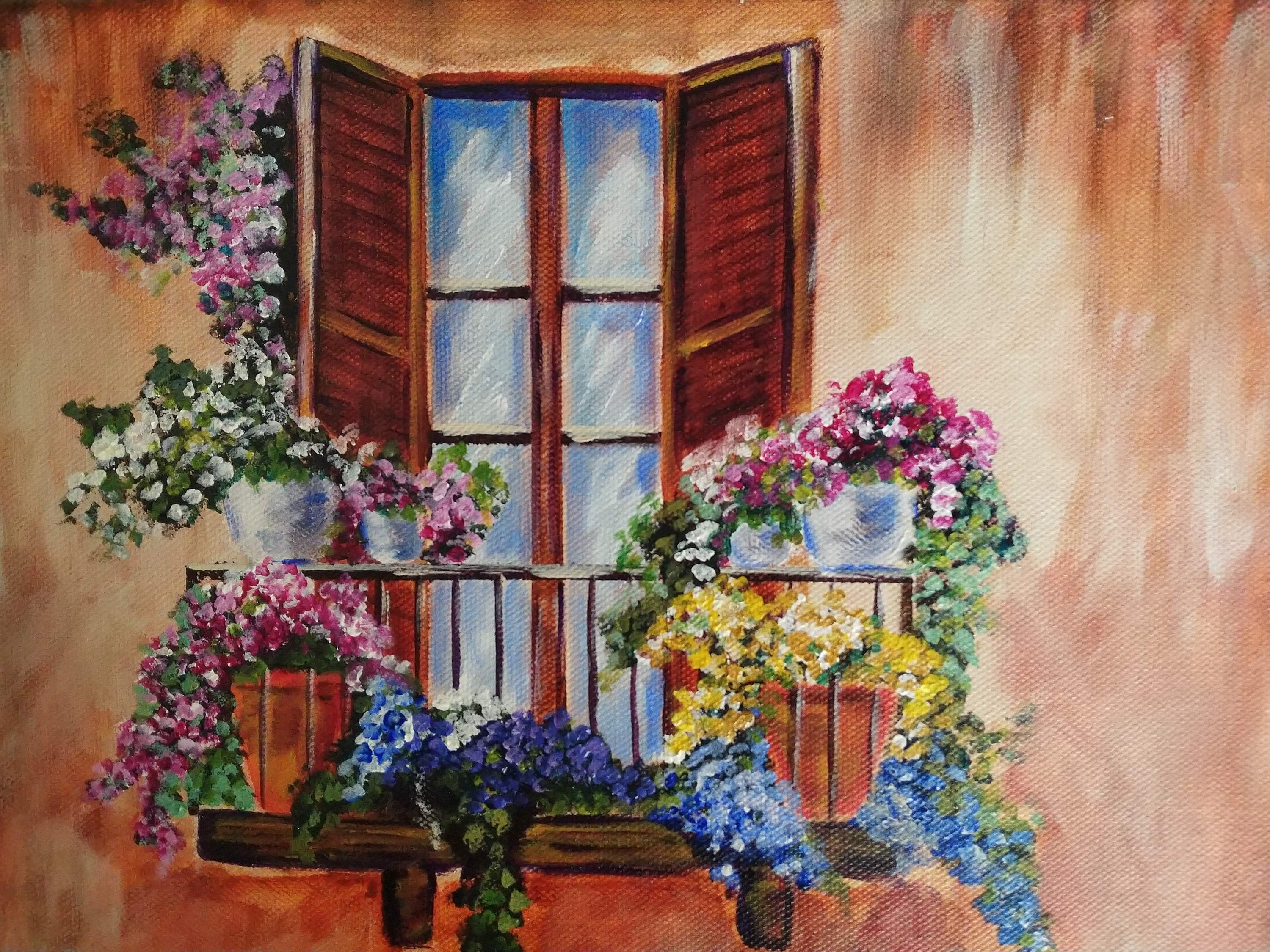 Flowers on the Balcony 9x12 Original Acrylic Painting - Etsy
