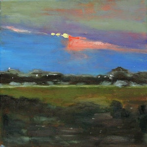 May include: A painting of a landscape with a blue sky, a pink sunset, and a dark green field in the foreground.