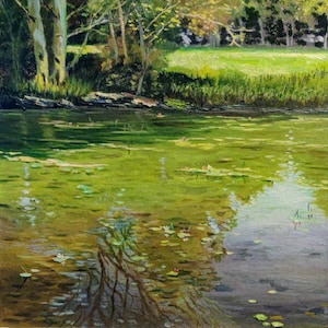 Old Pond. Reflection . Original Oil Painting 14&quot;x14&quot;Forest Landscape Summer Nature Woodland  Pond  water lily Artwork