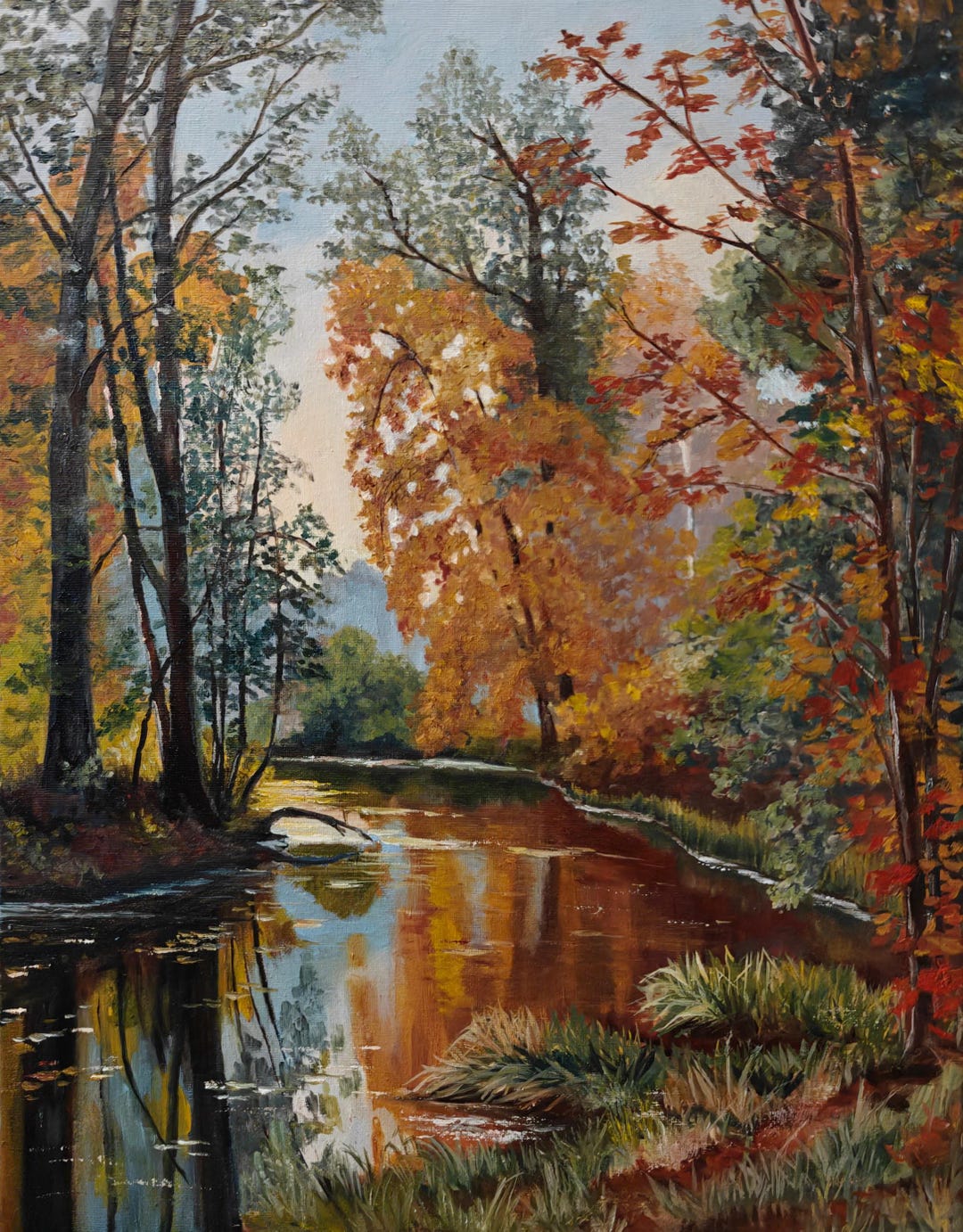 Autumn River Landscape Original Oil Painting on Canvas 14"x18"colorful ...