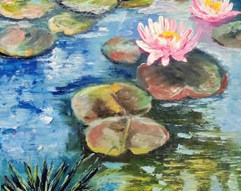 May include: A painting of pink water lilies floating on a blue pond with green lily pads. The water lilies have white centers and are surrounded by green leaves. The water is rippled and reflects the light.