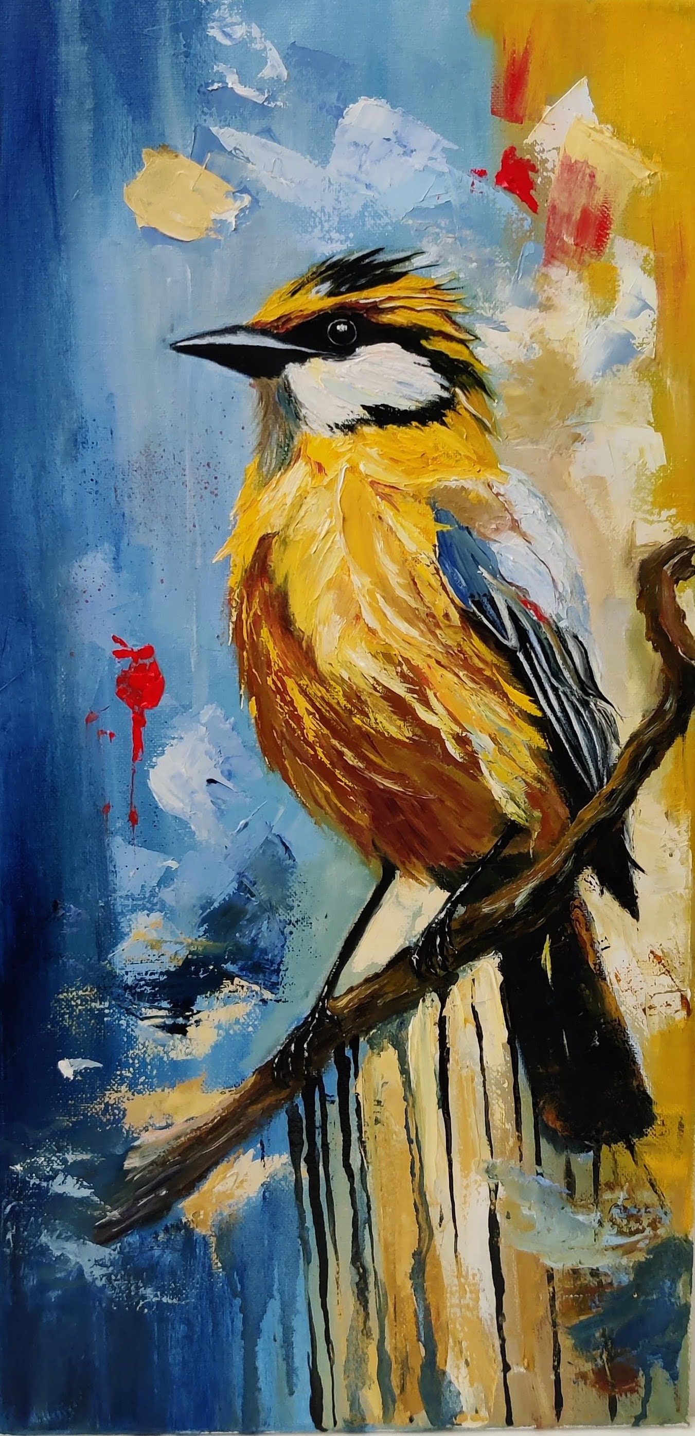 Yellow Bird. Oil painting on canvas 10"x20" Cute Colorful Thick Impasto bird painting