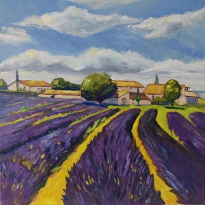 Lavender Field Original oil painting  on canvas 16&quot;x16&quot; Landscape Art
