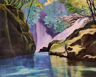 Waterfall. Original oil painting Landscape 100% Hand Painted on Canvas 14"x18."