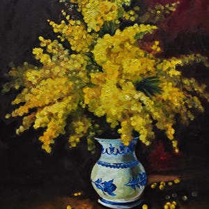 Mimosas Oil painting on canvas12&quot;x16&quot; floral still life, botanical artwork, flowers in vase fine home decor art
