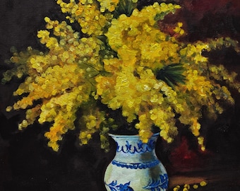 Mimosa Floral Oil Painting: Botanical Still Life, Fine Art Decor