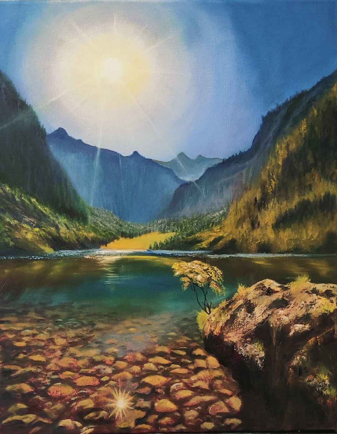 Mountain Lake. Original Oil Painting on Canvas 16"x20" Sunlit Mountains ...