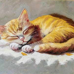 Sleeping ginger cat. Original Oil painting on canvas 12&quot;16&quot; Kids room decor