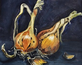 Two Onions Original oil painting on canvas 10"х10" small art kitchen decor still life