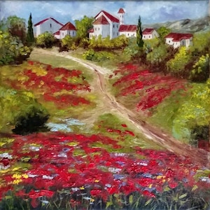 Poppies of Provence. Landscape  Oil Painting on Canvas 12&quot;x12&quot;, Original Art, Impressionist artwork