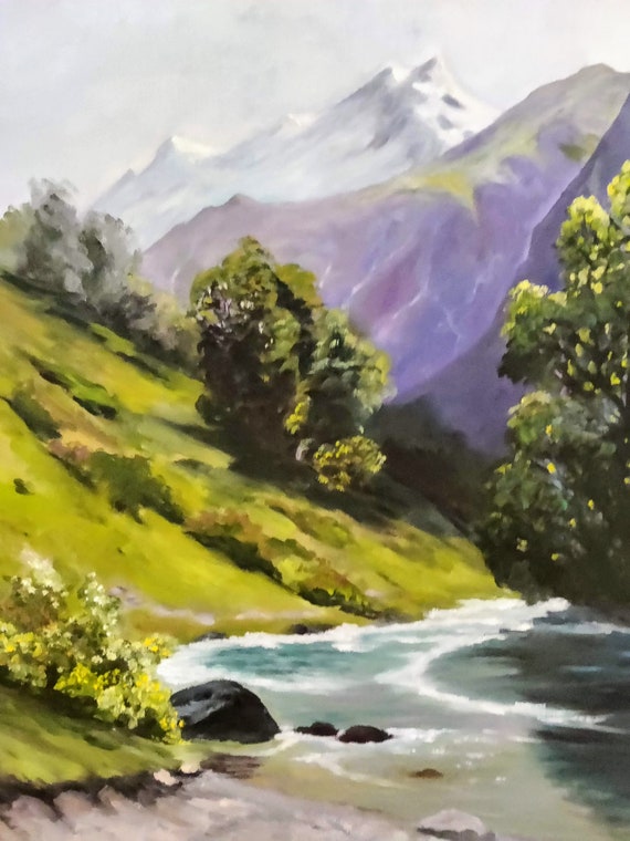 Paysage de montagne. Peinture originale à l'huile sur toile 16x20 décoration  murale, montagne, neige, lac bleu, arbres, nuages colorés, reflet -   France