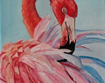 Original Pink Flamingo Oil Painting: Beach Bird Art, 9x12" Canvas