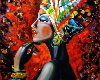 Beautiful African Woman with Turban African Queen Painting Original Oil Painting on canvas 22"x28" Woman Portrait Woman with Turban