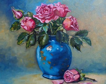 Pink Roses in Blue Vase Original Floral Oil Painting on Canvas 14"x14" Romantic Still Life Wall Art, Gift for Home Decor Handmade Artwork