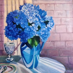 Blue Hydrangeas in Vase. Original Oil Painting on canvas 16&quot;16&quot; Still life painting mother&#39;s day gift