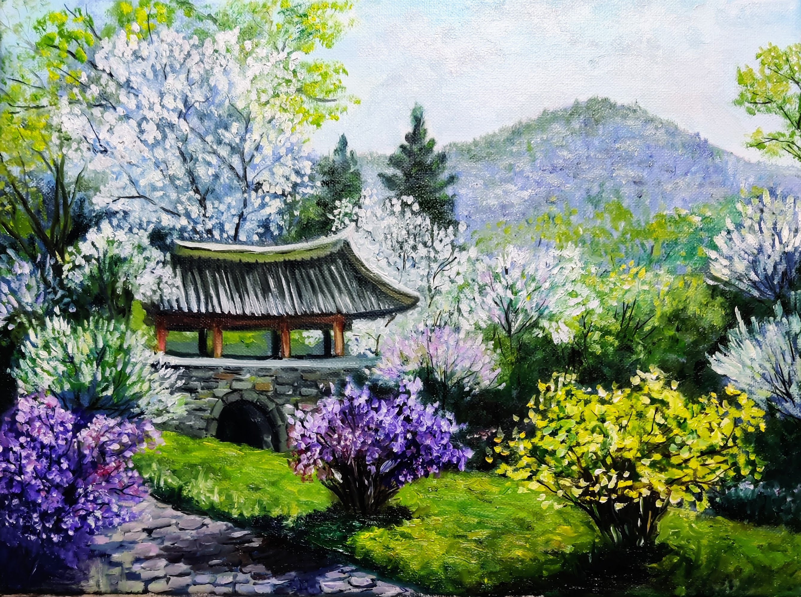 Chinese Landscape Garden Painting. Spring Blossom. Original Oil ...