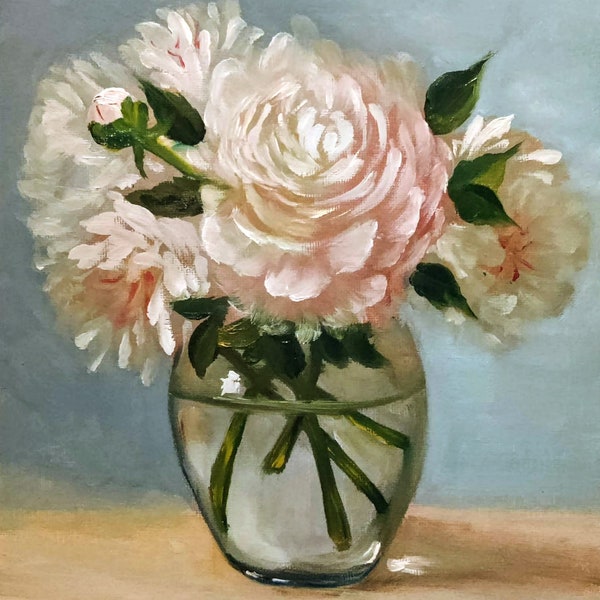 Peonies. Oil painting White peony flowers original painting Gift ART canvas panel 8"x10" still Life painting