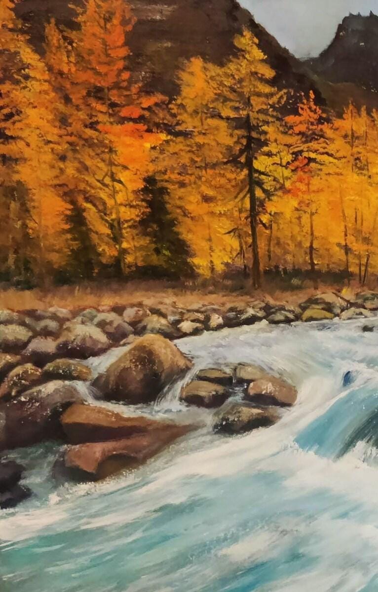 Mountain River Original Oil Painting on Canvas 16"x20" Autumn Landscape ...