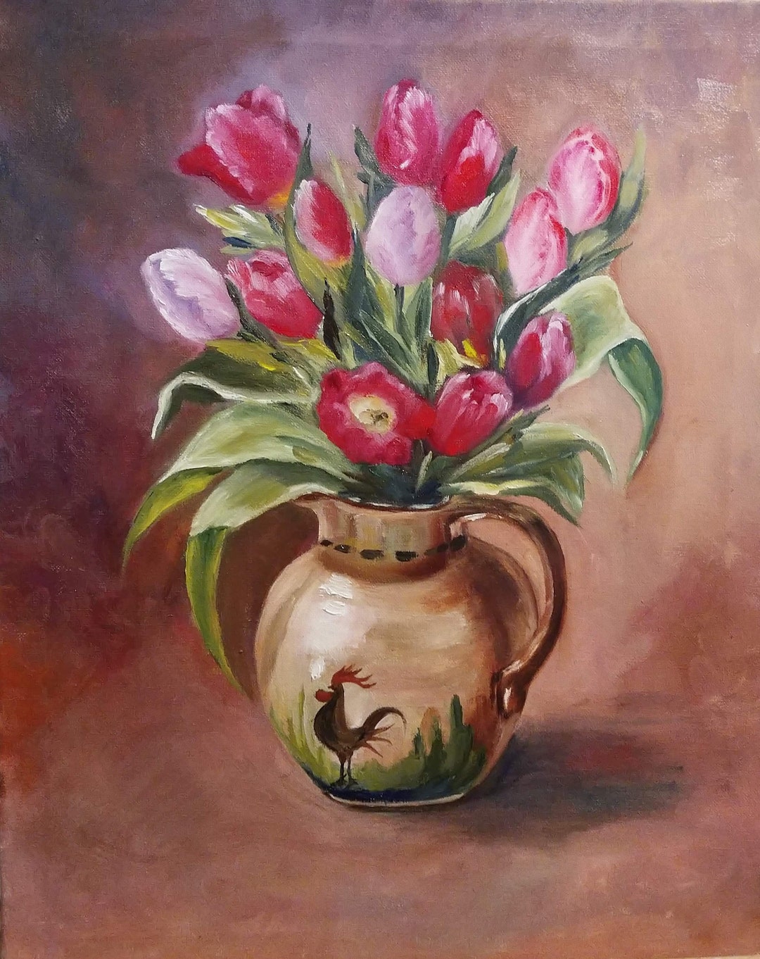Pink Tulip Original Floral Oil Painting on Canvas 16"x20" Still Life ...