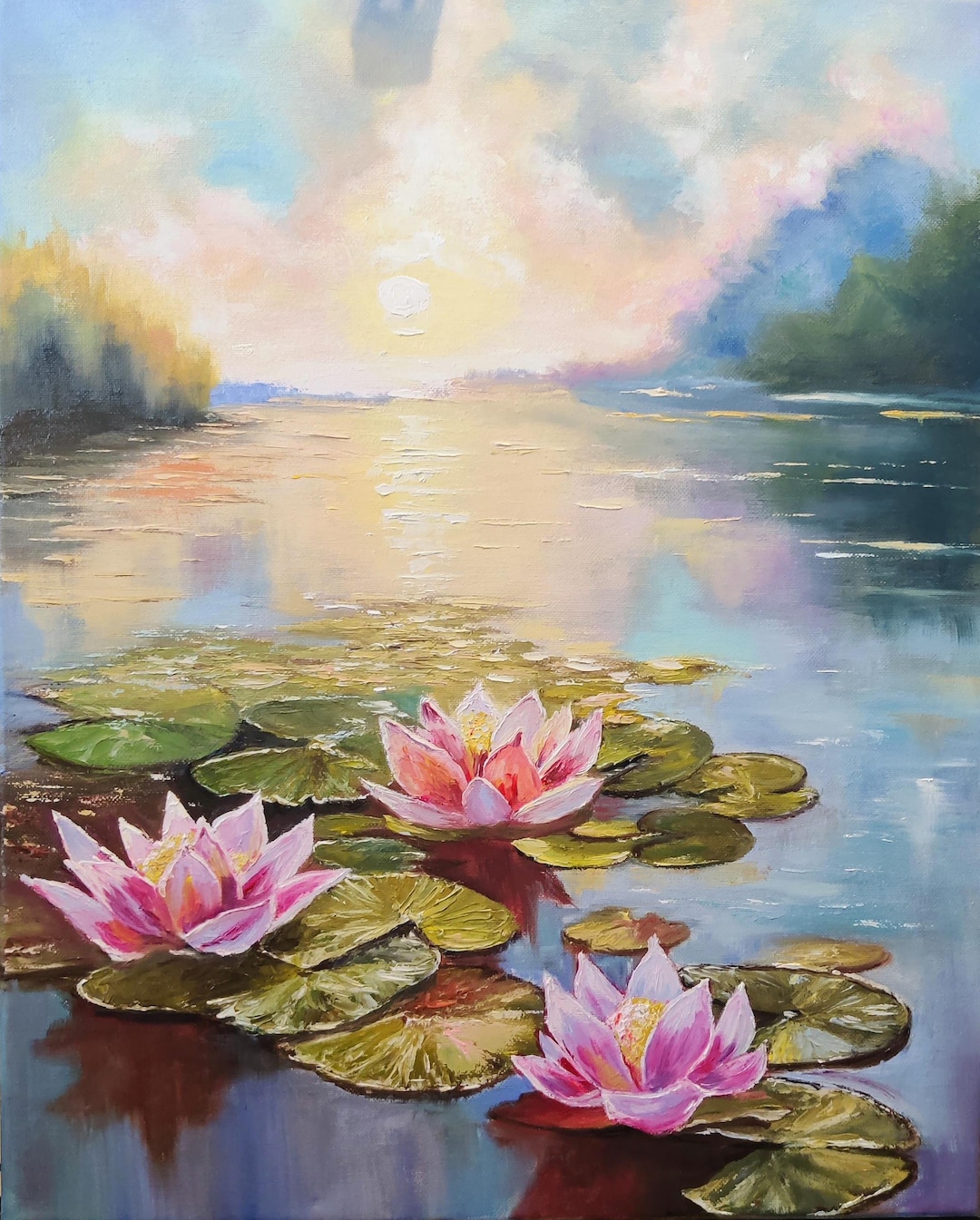 Water Lily Pond. Sunrise Landscape Art Original Oil Painting on Canvas ...