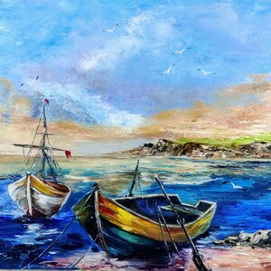 Fishing Boats. Original oil painting on canvas 12&quot;x12&quot;.Seascape painting  impasto oil painting