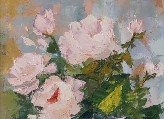 Roses in Glass Vase. Oil Painting on Camvas10