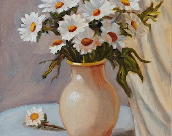 Daisy Painting, Oil painting on canvas panel 12"x16" impressionism home decor still life art