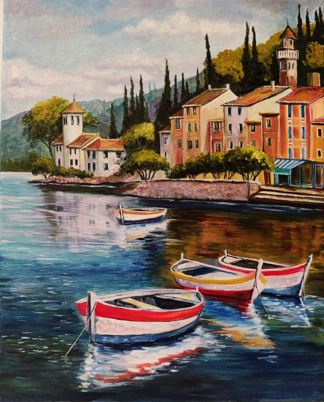 Mediterranean Landscape Painting With Fishing Boats Oil Painting on ...