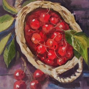 Cherry Original oil painting on canvas 8&quot;x10&quot; small painting kitchen decor still life art