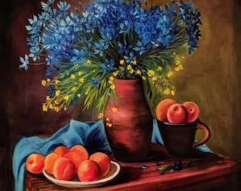 Cornflowers Buquet with Peaches. Oil Painting on canvas 20"20. Original still life painting Floral Oil Painting Flowers Artwork On Canvas