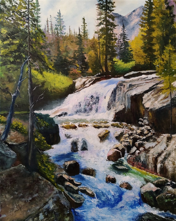 Waterfall in Forest. Waterfall and Rocks. Original Oil Painting on