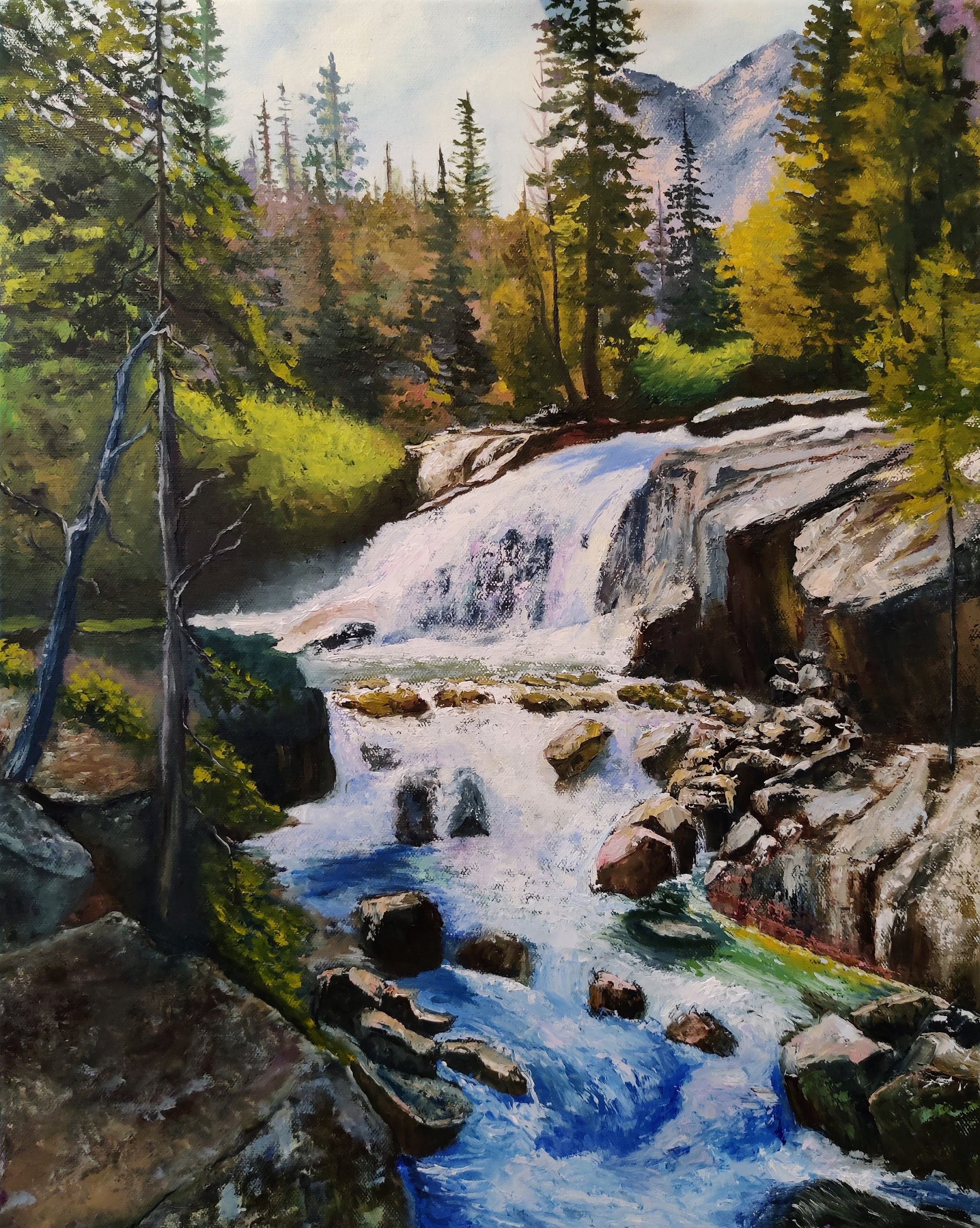 Waterfall in Forest. Waterfall and Rocks. Original Oil Painting on
