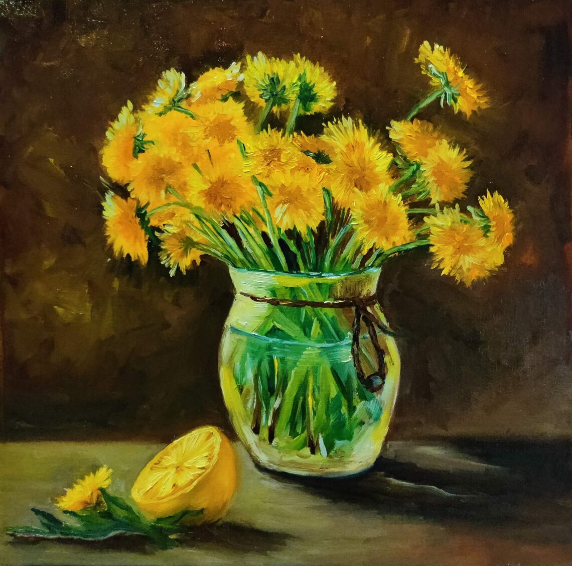 Yellow Dandelion Bouquet in a Vase. Original Oil Painting on Canvas14 ...