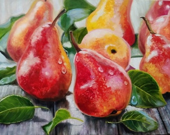May include: A still life painting of pears on a wooden table. The pears are red and yellow with green leaves. The pears are arranged in a cluster with some overlapping.