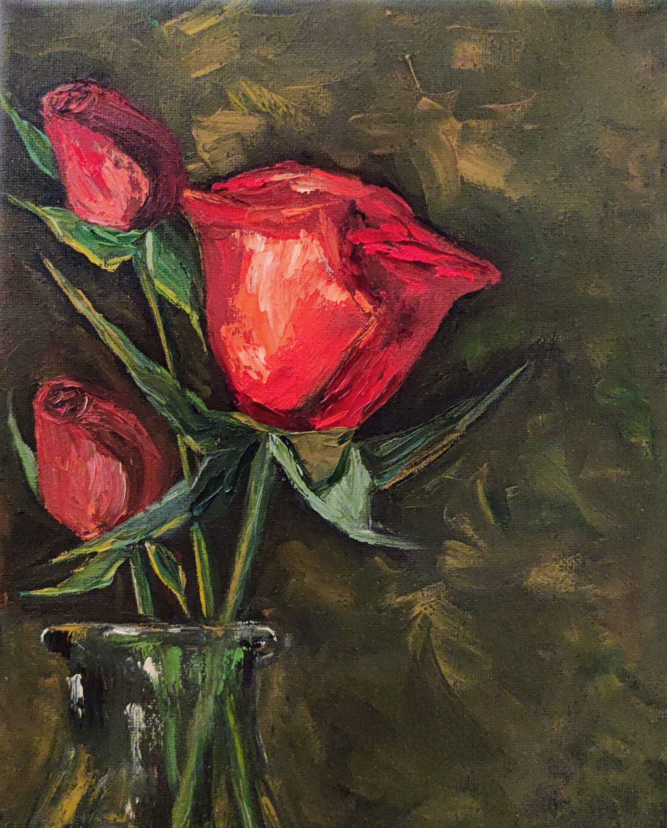 Red ROSES in a GLASS VASE. Original Oil Painting on Canvas 8