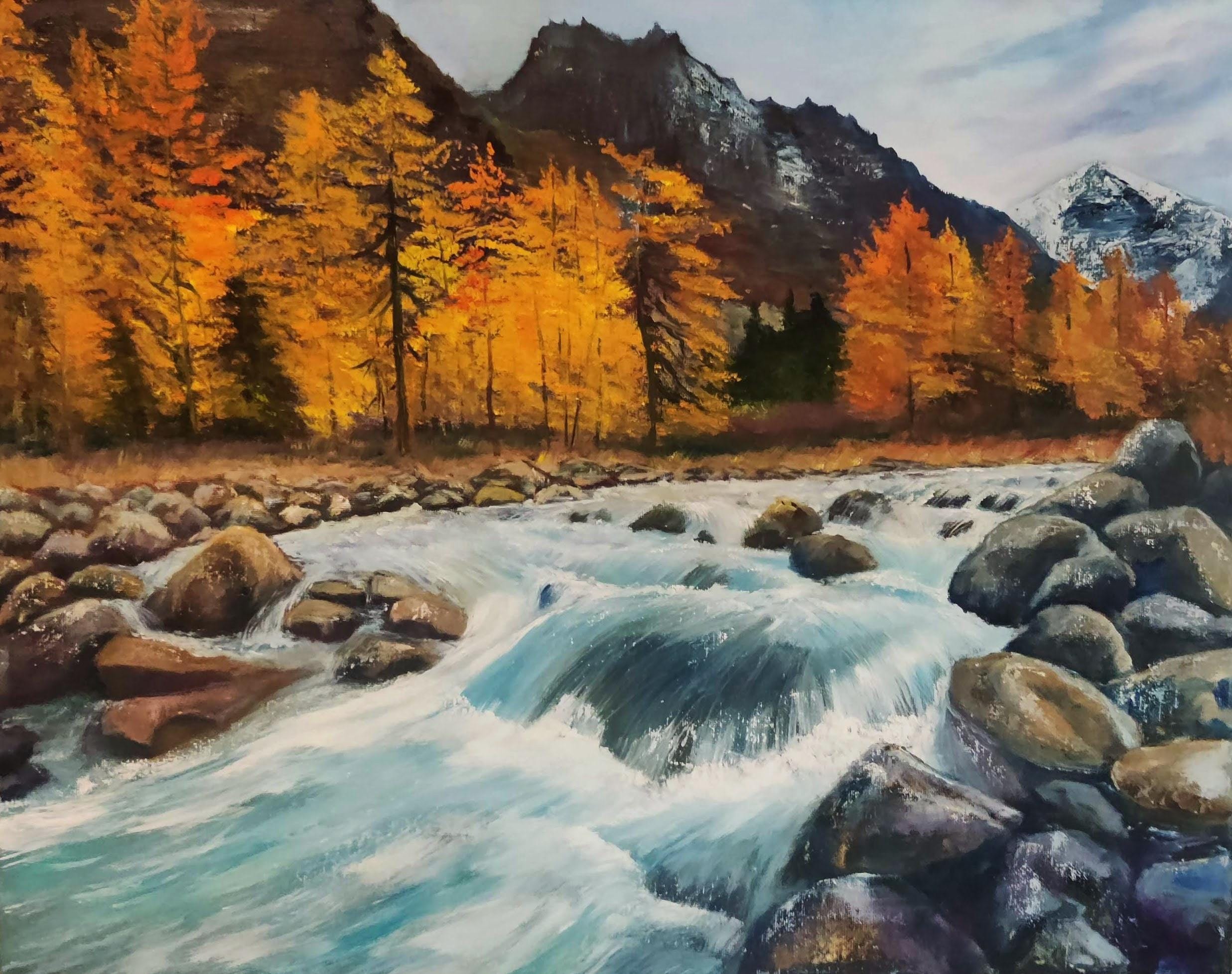 Mountain River Original Oil Painting on Canvas 16"x20" Autumn Landscape ...