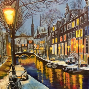 Night Amsterdam. Original Oil Painting on stretched canvas 22&quot;x28 cityscape painting. City Original Art City Wall Art