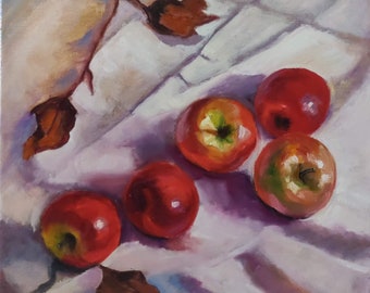 Still Life with Apples. Oil Painting on stretched canvas Impression, Kitchen decor