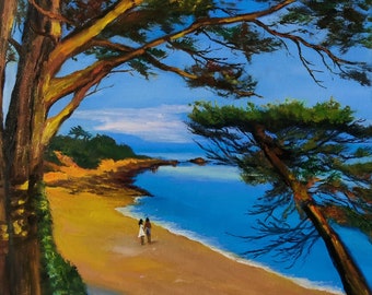 May include: A painting of a couple walking on a sandy beach with blue water and a large tree in the foreground.