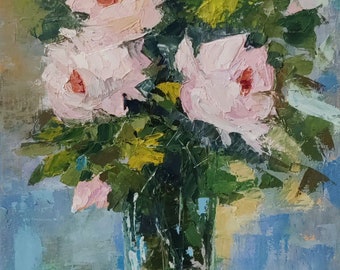 Roses in Glass Vase. Oil Painting on Camvas10