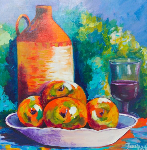 Still Life with Jug, Apple and Wine. Impressionism . original
