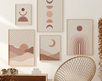 Set of 5 Boho Art Prints, Abstract Gallery Wall Set, Boho Wall Decor, Modern Wall Art, Terracotta Prints, Boho Print Set, Mid Century Modern