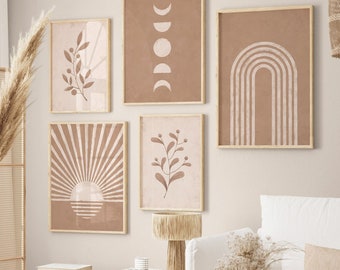 Set of 5 Boho Prints, Gallery Wall Art Set, Boho Wall Decor, Mid Century Modern Art, Neutral Tone Art, Abstract Wall Art, Beige Color Prints