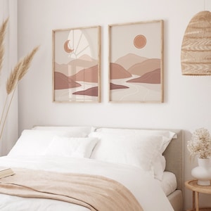 Set of 2 of Boho Prints , Abstract Landscape Prints, Boho Wall Decor, Sun and Moon Print, Gallery Wall Set, Sun and Moon Art, Neutral Decor