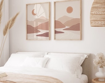 Set of 2 of Boho Prints , Abstract Landscape Prints, Boho Wall Decor, Sun and Moon Print, Gallery Wall Set, Sun and Moon Art, Neutral Decor